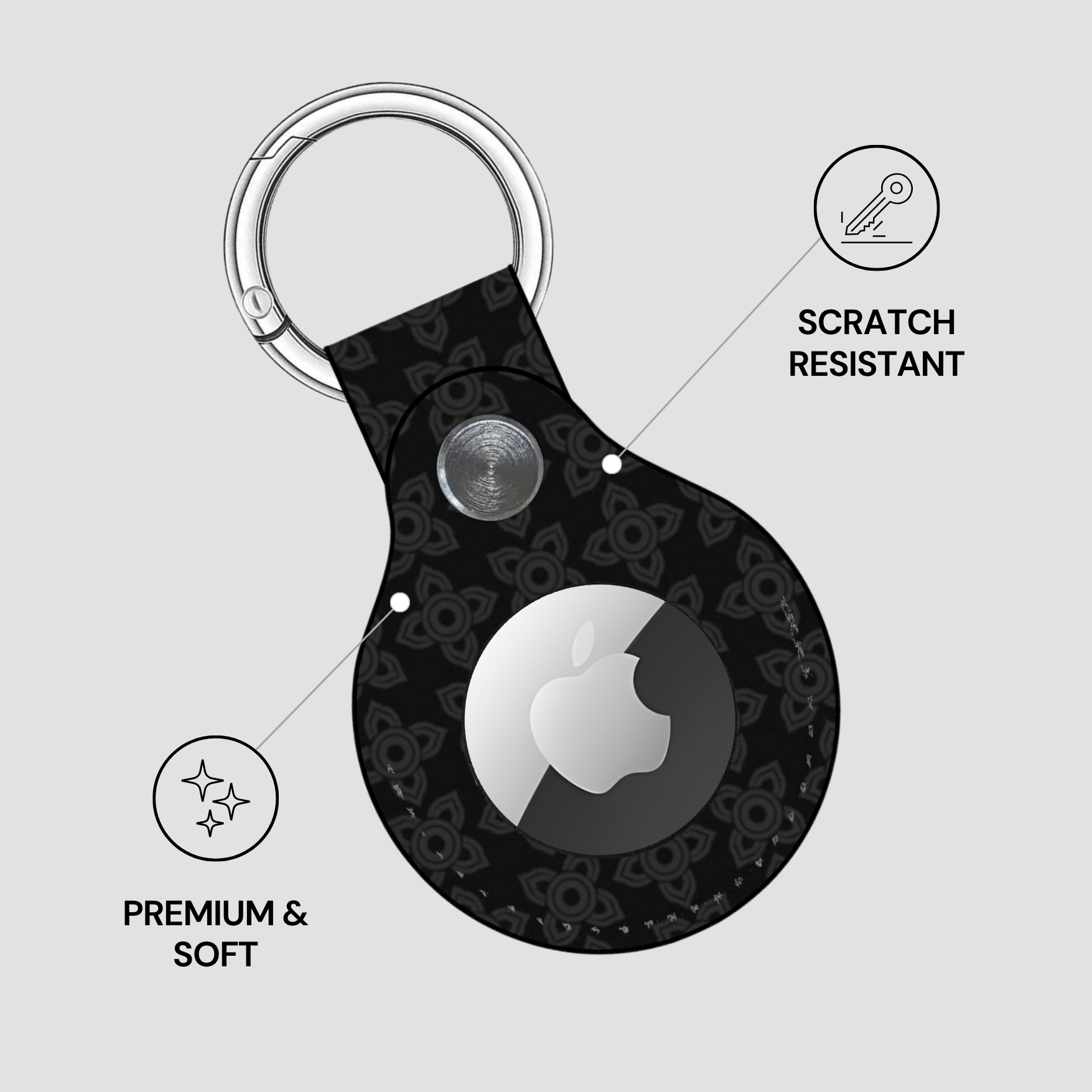 Black keychain case with Apple logo on a gray background