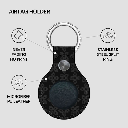 Airtag holder with features highlighted on a gray background