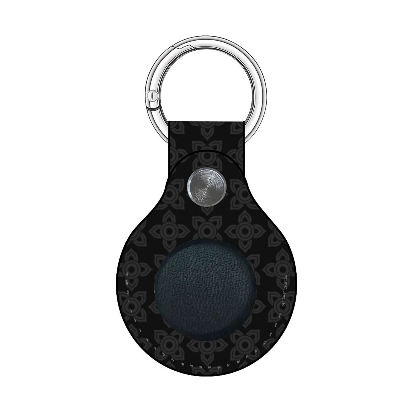 Black leather keychain with silver metal ring and button on a white background