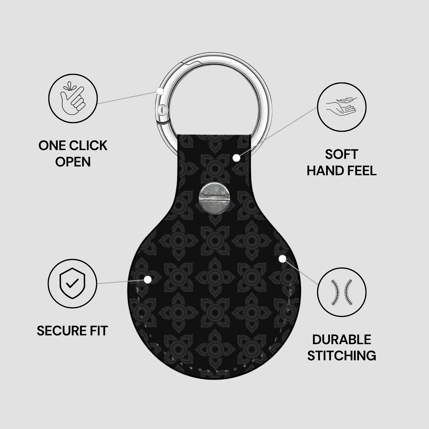 Black keychain with floral pattern on a gray background, featuring text on features.