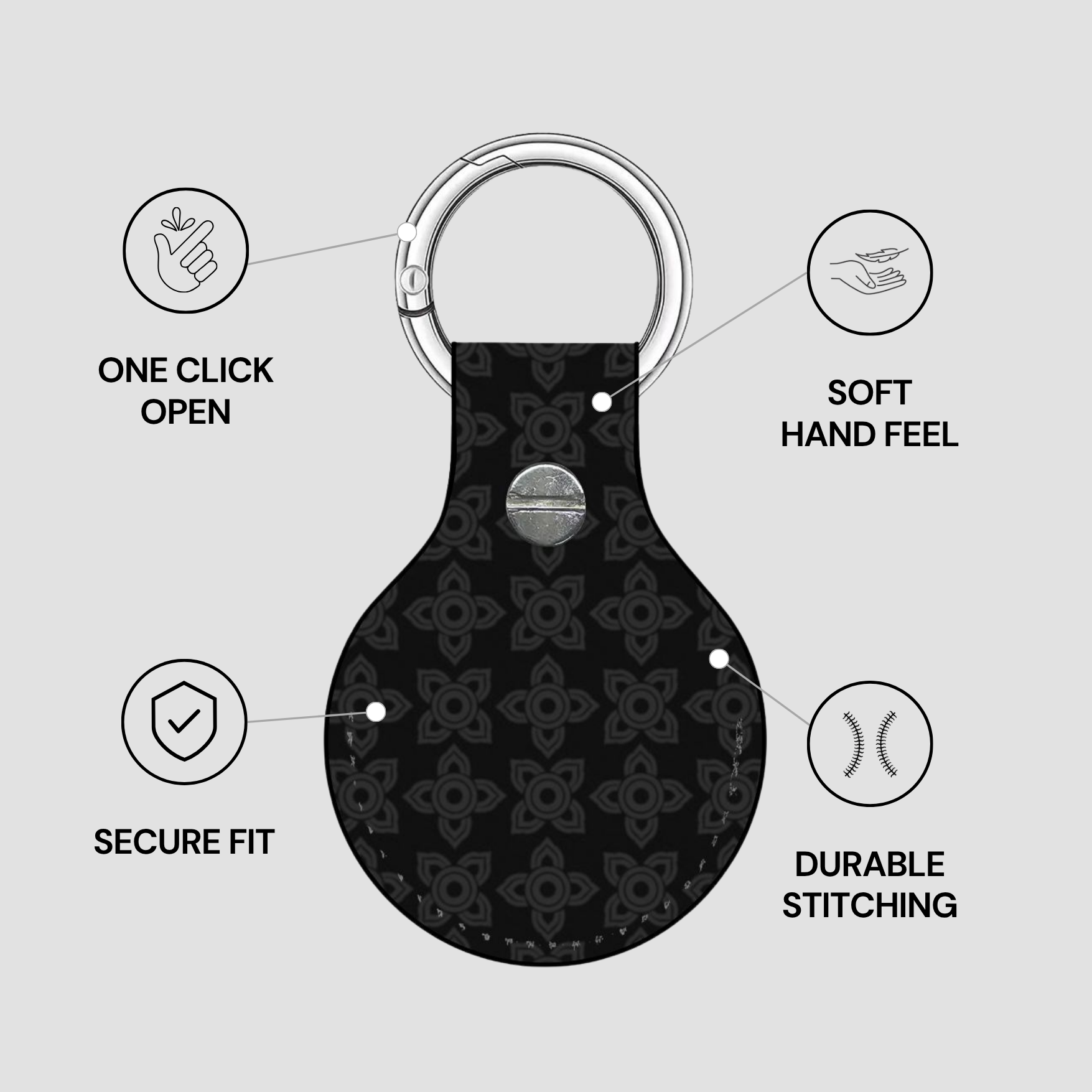 Black keychain with floral pattern on a gray background, featuring text on features.