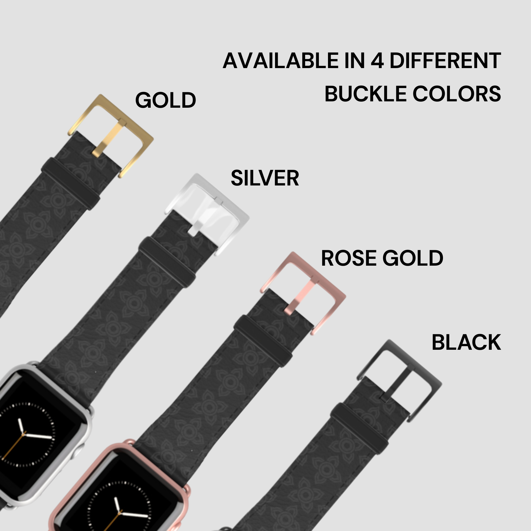Watch straps with cherry pattern and color options labeled on a light gray background