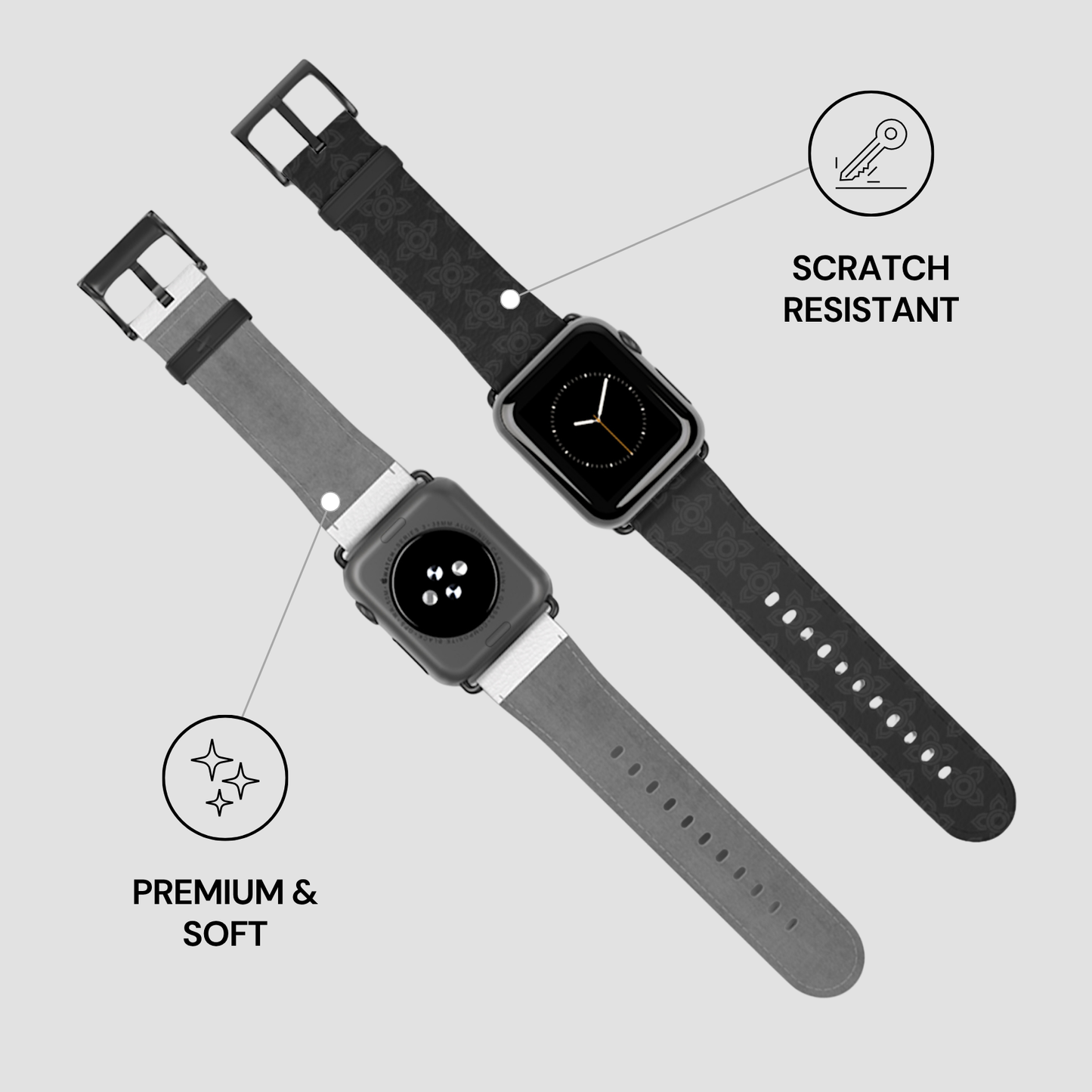 Two smartwatch straps on a light gray background with text indicating scratch resistance and softness.