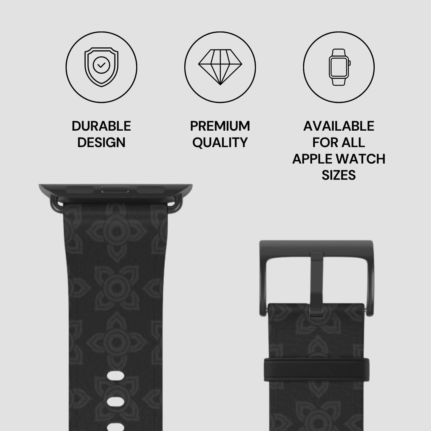 Black patterned Apple Watch band with durability, quality, and size availability text on a light gray background
