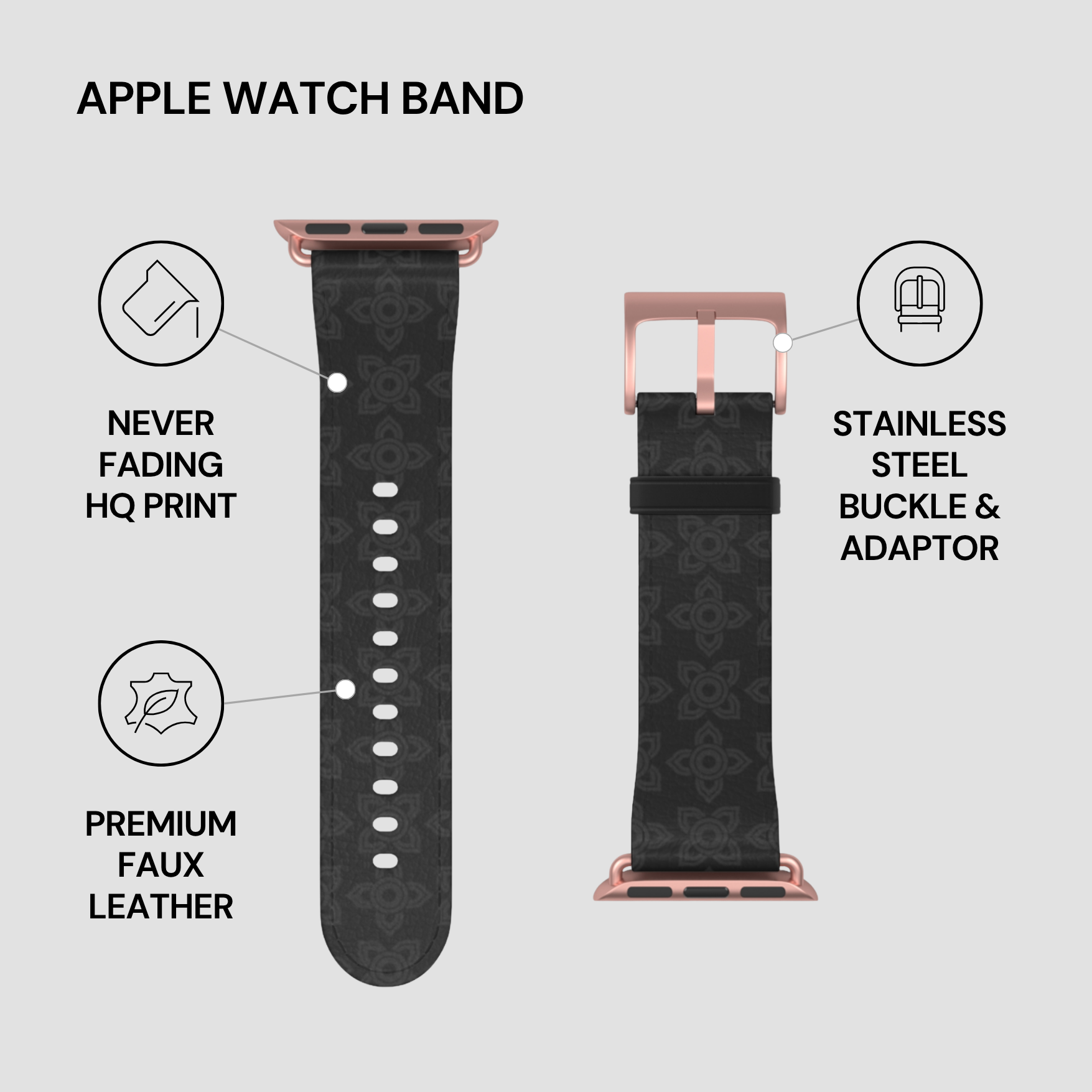 Black Apple Watch band with rose gold buckle and adapter on a light gray background