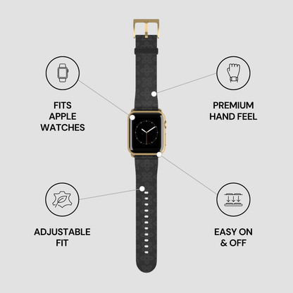 Black watch strap with gold accents on a gray background, featuring text about compatibility and features.
