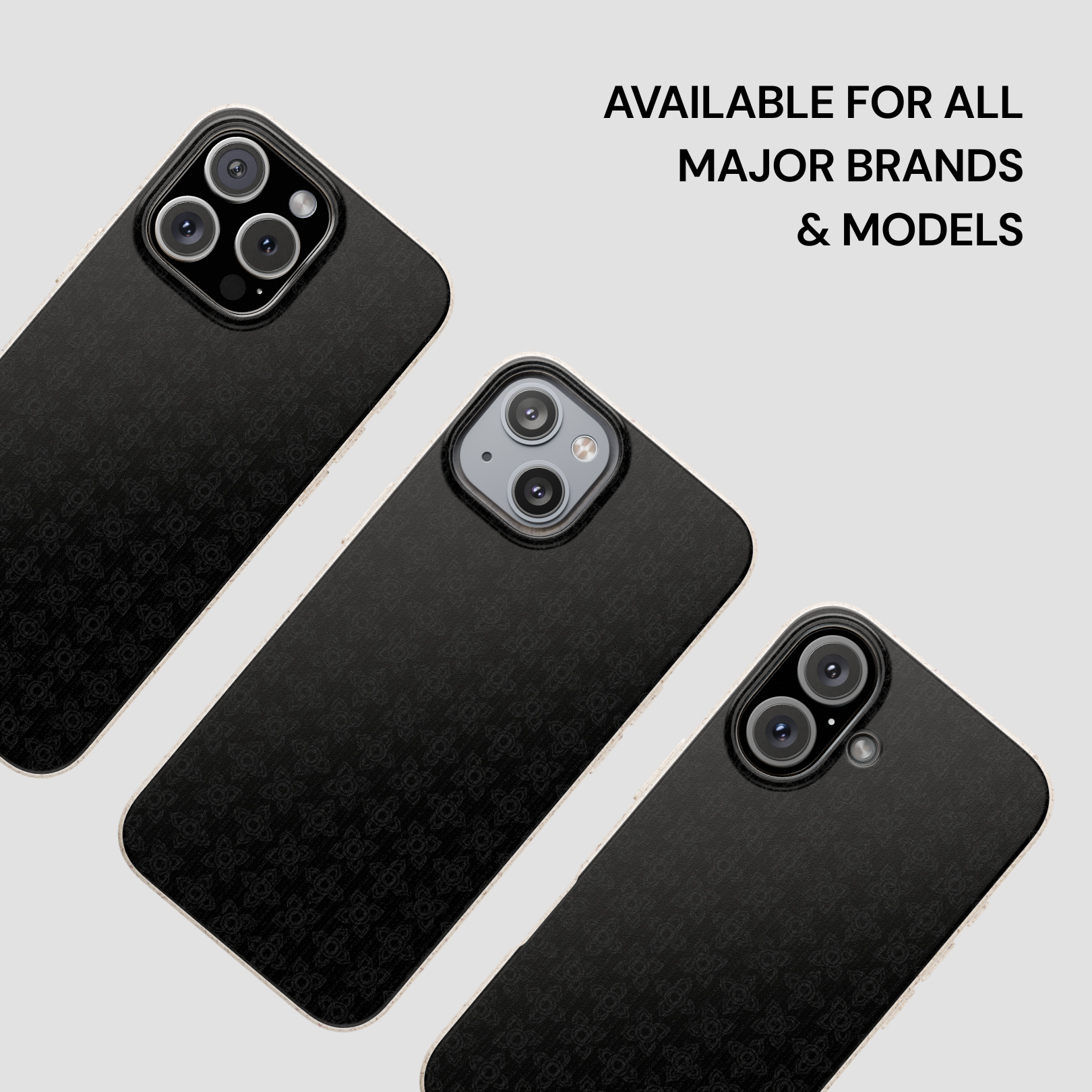 Three black phone cases on a light gray background with text indicating compatibility for major brands and models.