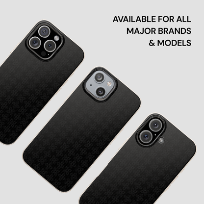 Three black phone cases on a light gray background with text indicating compatibility for major brands and models.