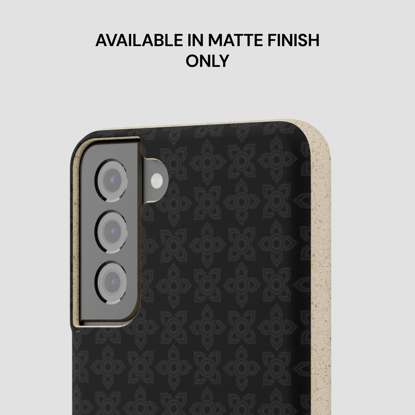 Phone case with a black patterned design on a light gray background