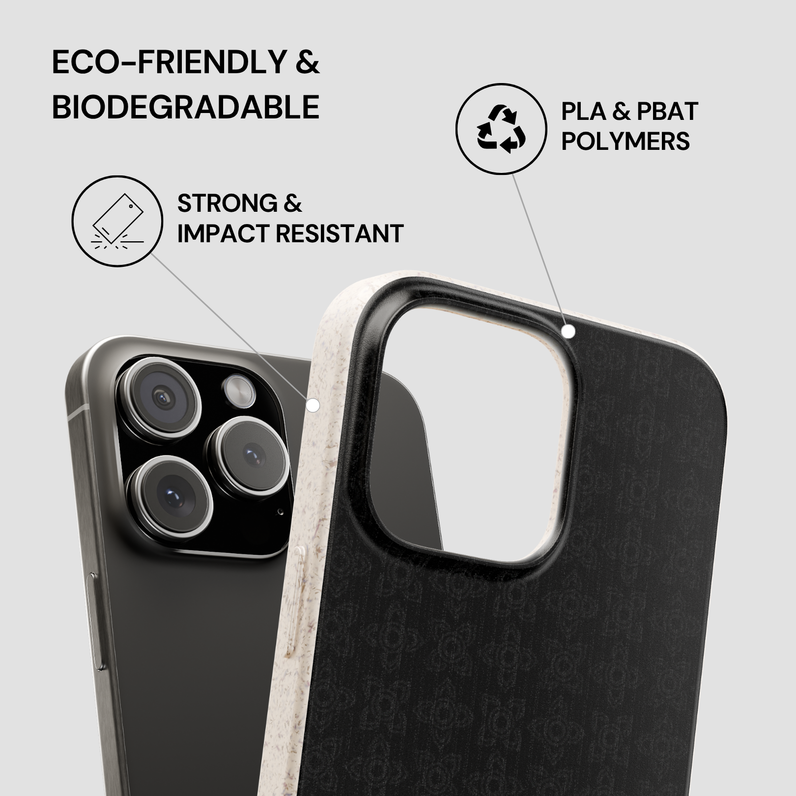 Phone case with eco-friendly and biodegradable features on a gray background
