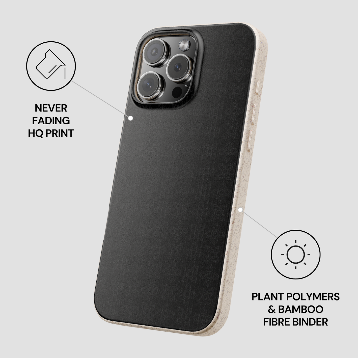 Phone case with plant polymers and bamboo fiber binder features on a light gray background