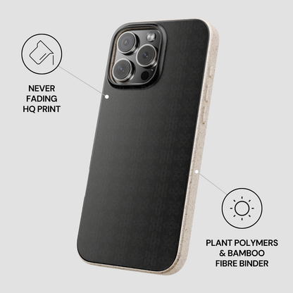 Phone case with plant polymers and bamboo fiber binder features on a light gray background