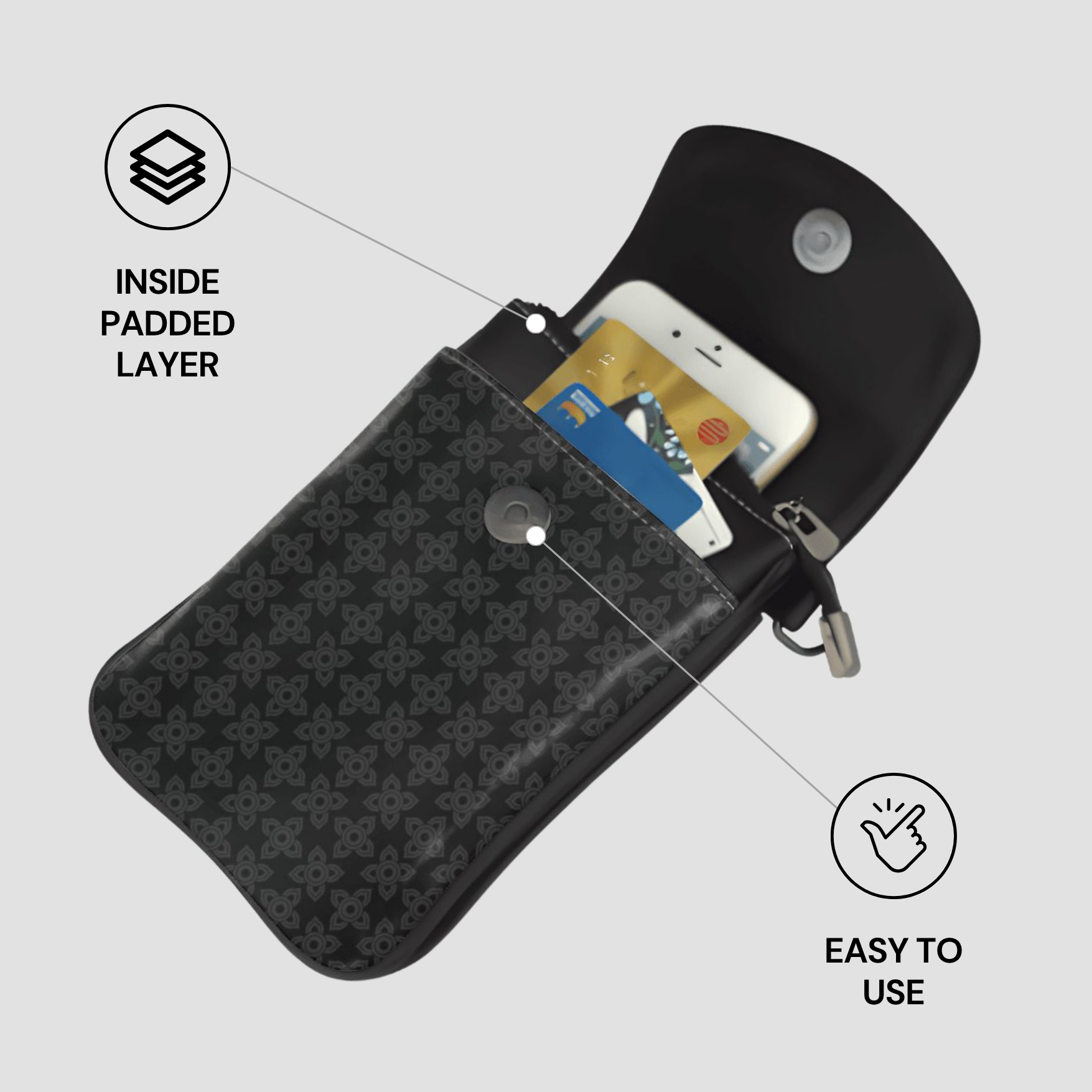 Black patterned pouch with phone and cards, labeled 'Inside Padded Layer' and 'Easy to Use'.