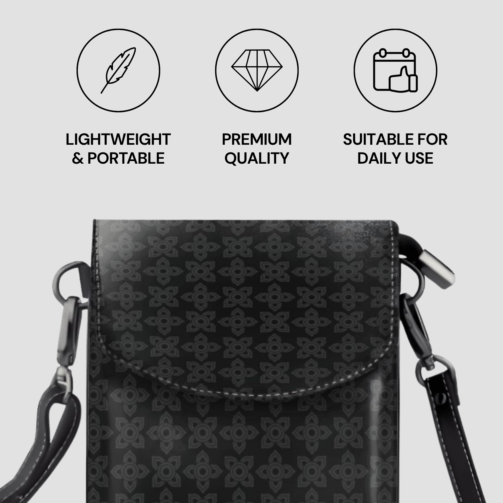 Black patterned handbag with icons and text describing features on a light gray background