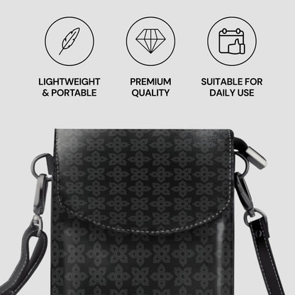 Black patterned handbag with icons and text describing features on a light gray background