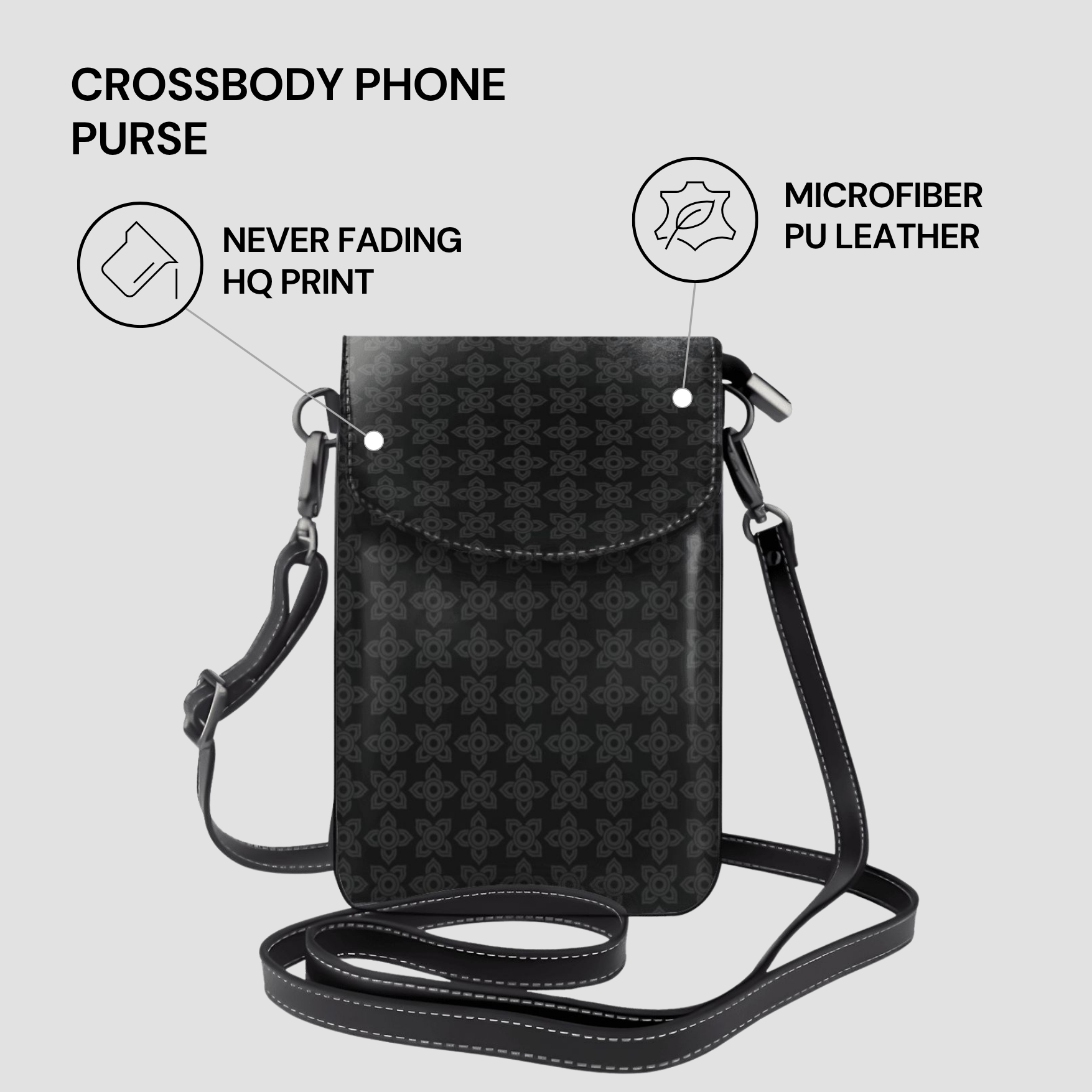 Crossbody phone purse with cherry pattern on a white background