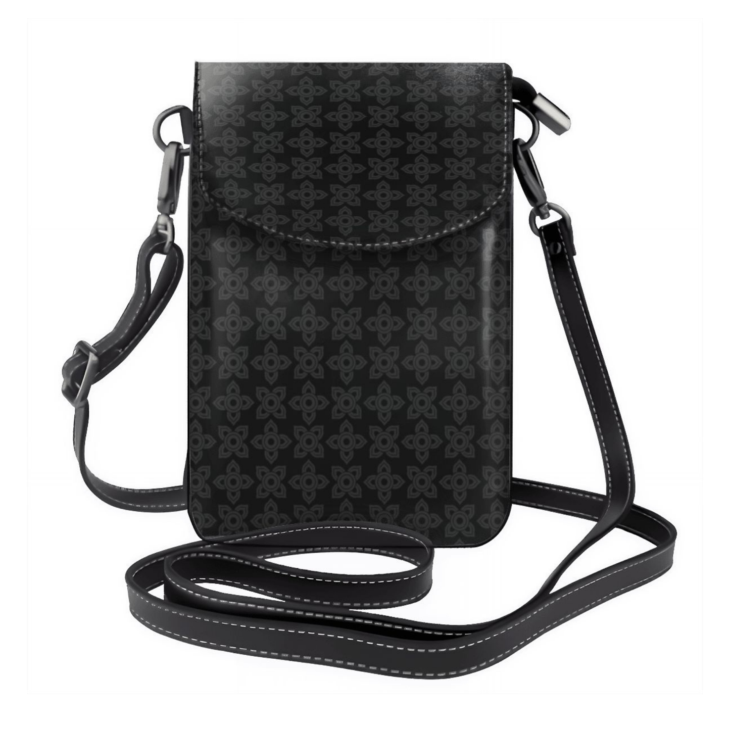 Black patterned crossbody bag on a white background