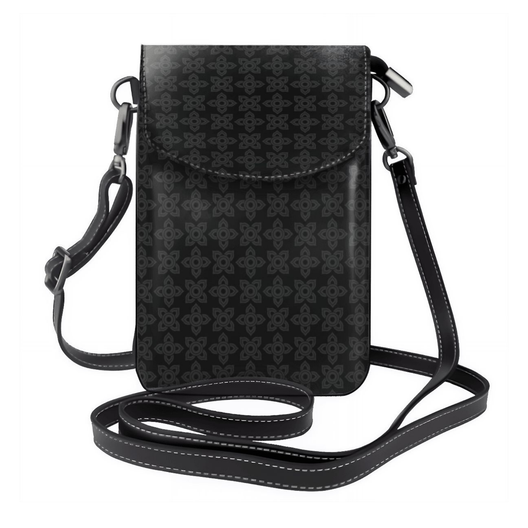 Black patterned crossbody bag on a white background