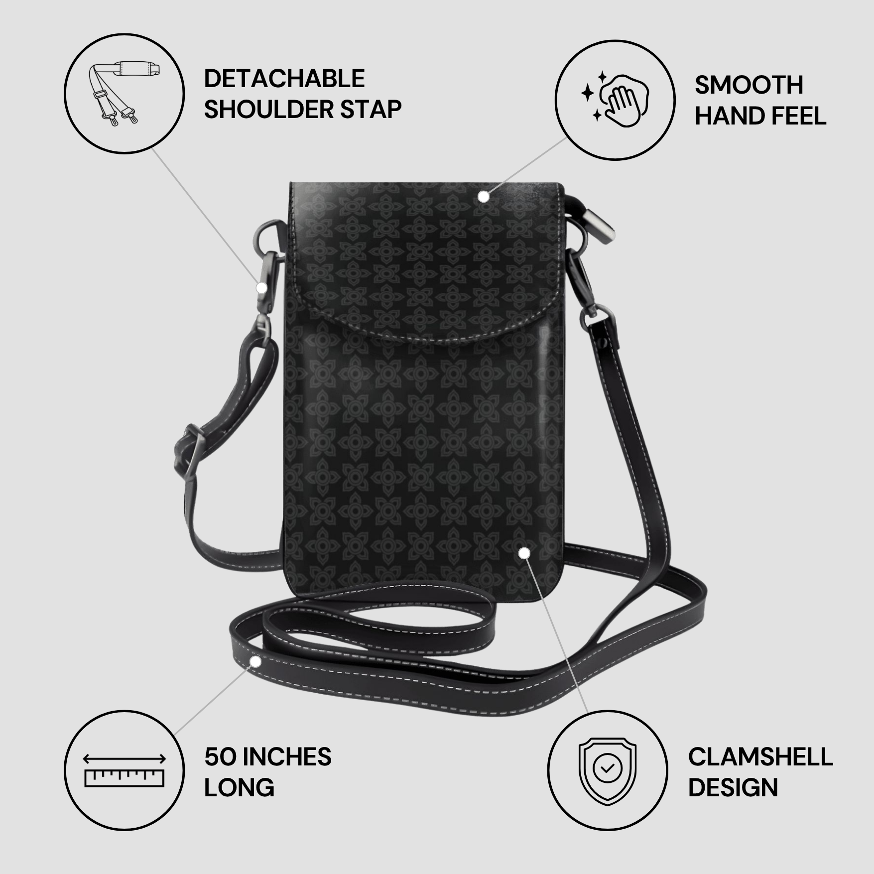 Phone crossbody bag with cherry pattern on a light gray background