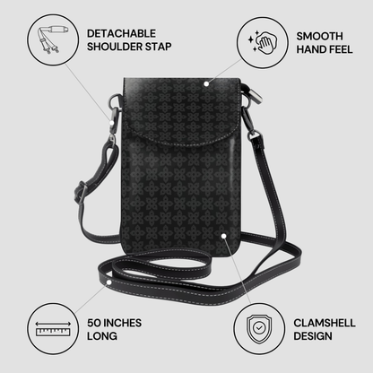 Phone crossbody bag with cherry pattern on a light gray background