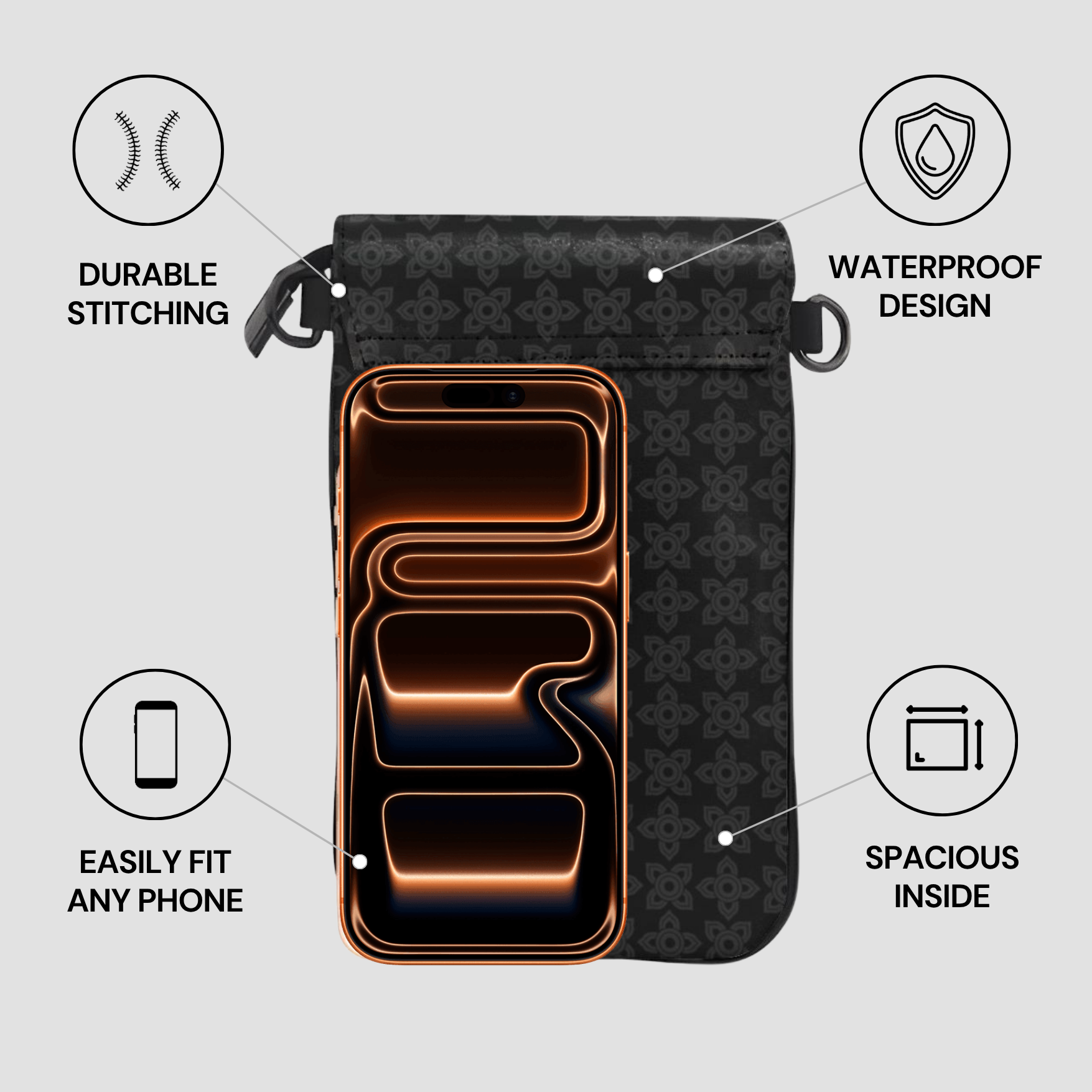 Black phone case with features highlighted on a gray background