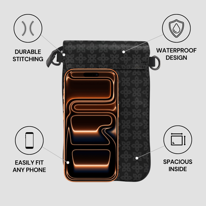 Black phone case with features highlighted on a gray background