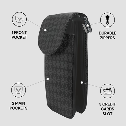 Black patterned pouch with features labeled on a gray background
