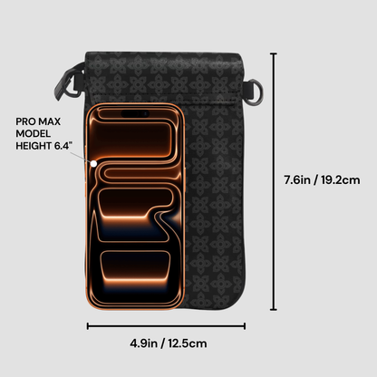 Black phone case with measurements on a gray background