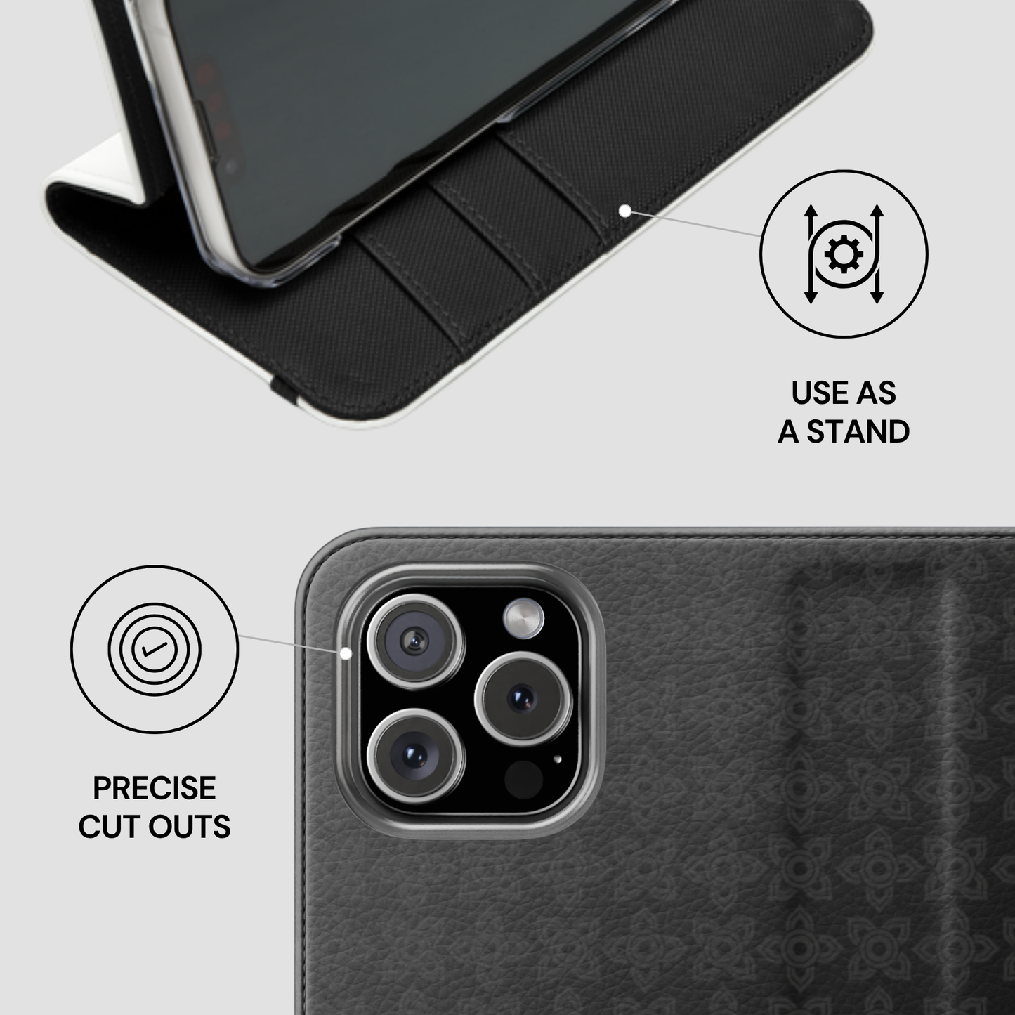 Phone case with stand feature and camera cutout on a white background
