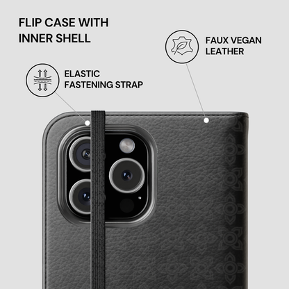 Black flip case with inner shell for a phone, featuring faux vegan leather and elastic fastening strap.