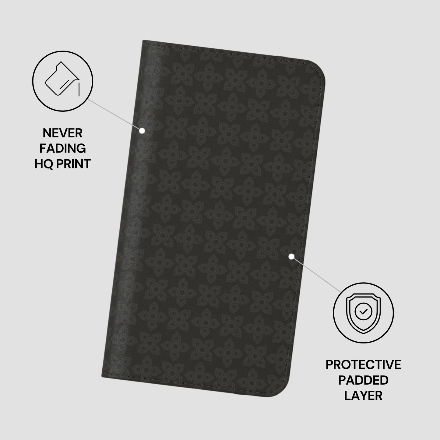 Black patterned notebook with text indicating 'Never Fading HQ Print' and 'Protective Padded Layer' on a light gray background.