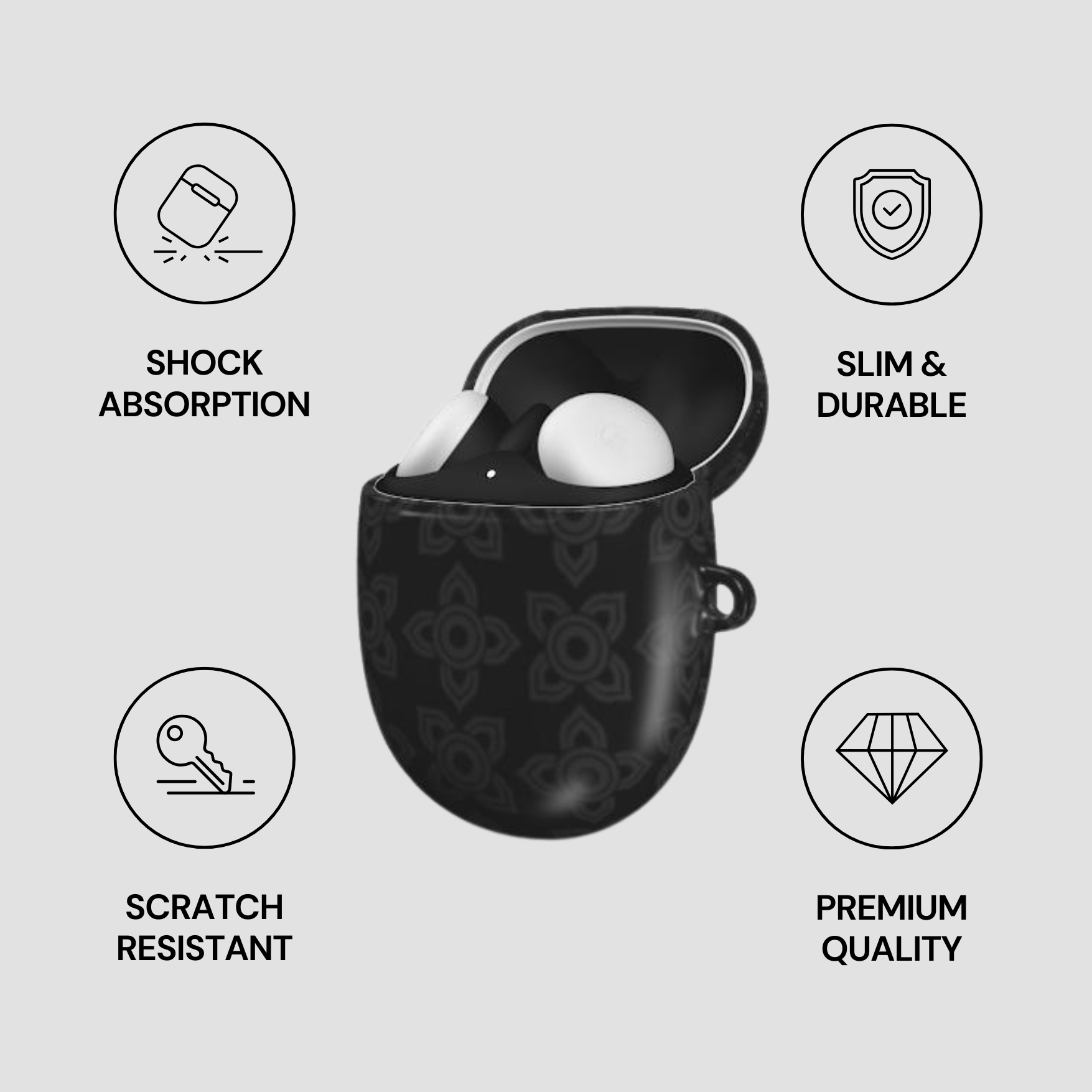 Black earbud case with icons and text highlighting features on a light gray background