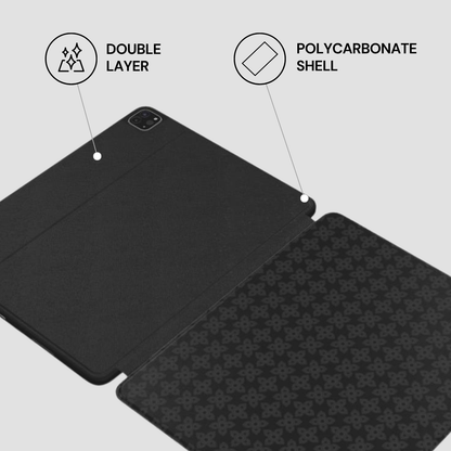 Black tablet case with text labels indicating 'Double Layer' and 'Polycarbonate Shell' on a light gray background.