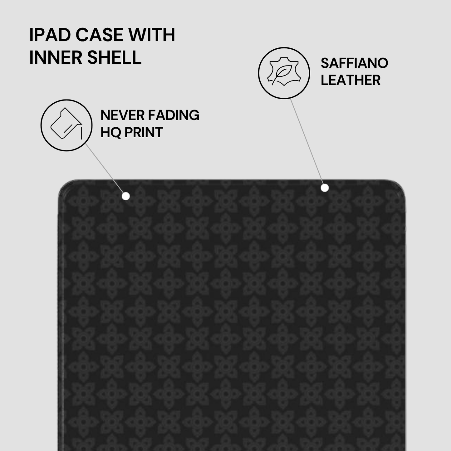 Black iPad case with saffiano leather finish and pattern on a gray background