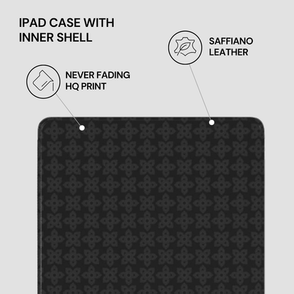 Black iPad case with saffiano leather finish and pattern on a gray background