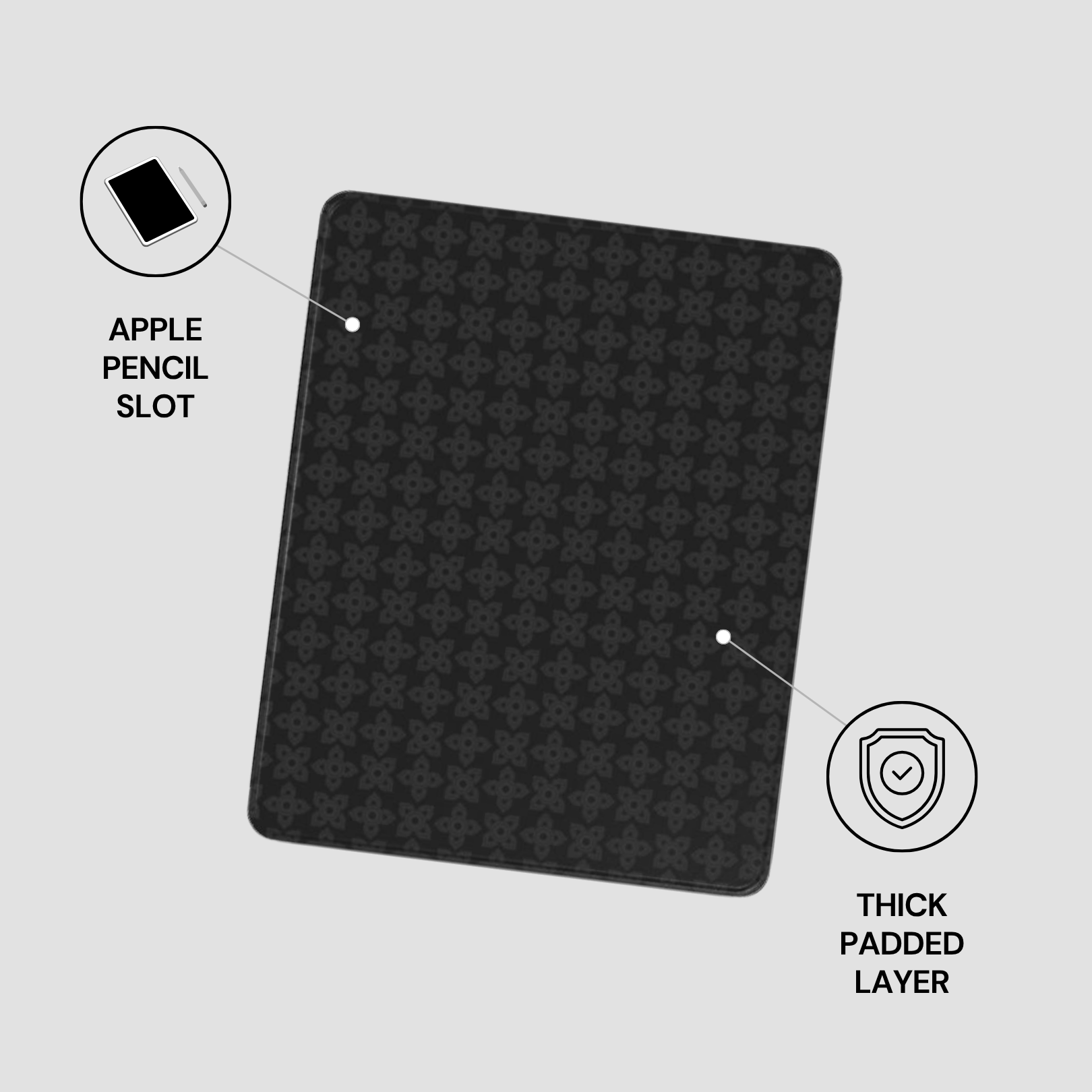 Patterned case with Apple Pencil slot and thick padded layer on a light gray background
