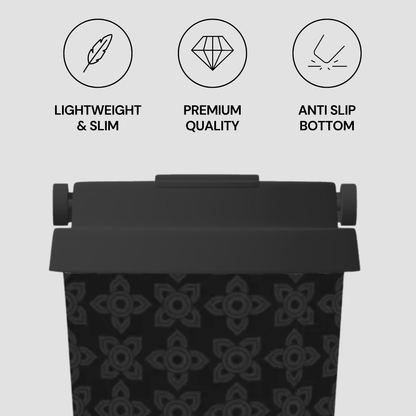 Black patterned bag with icons and text indicating features on a light gray background