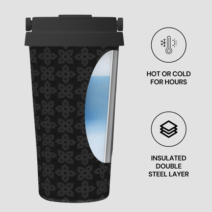 Black insulated tumbler with geometric pattern on a white background
