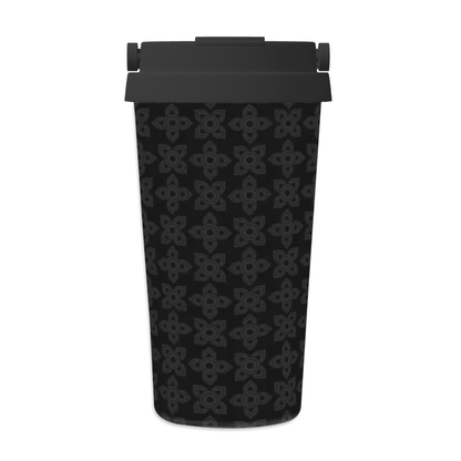 Black trash bin with geometric pattern on a white background