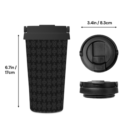 Black patterned travel mug with measurements on a white background