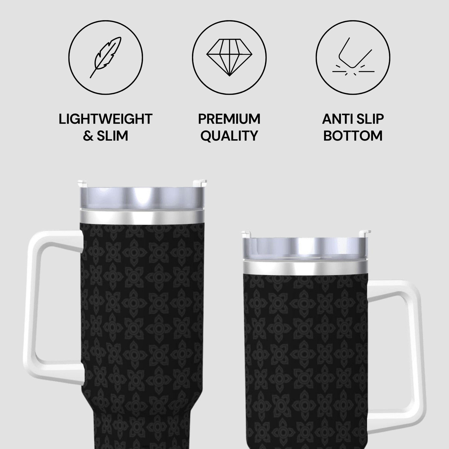Two patterned tumblers with features listed on a light gray background
