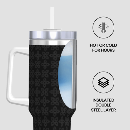 Insulated tumbler with black pattern on a white background