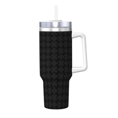 Black textured tumbler with a red logo on a white background