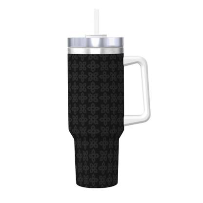 Black textured tumbler with a red logo on a white background