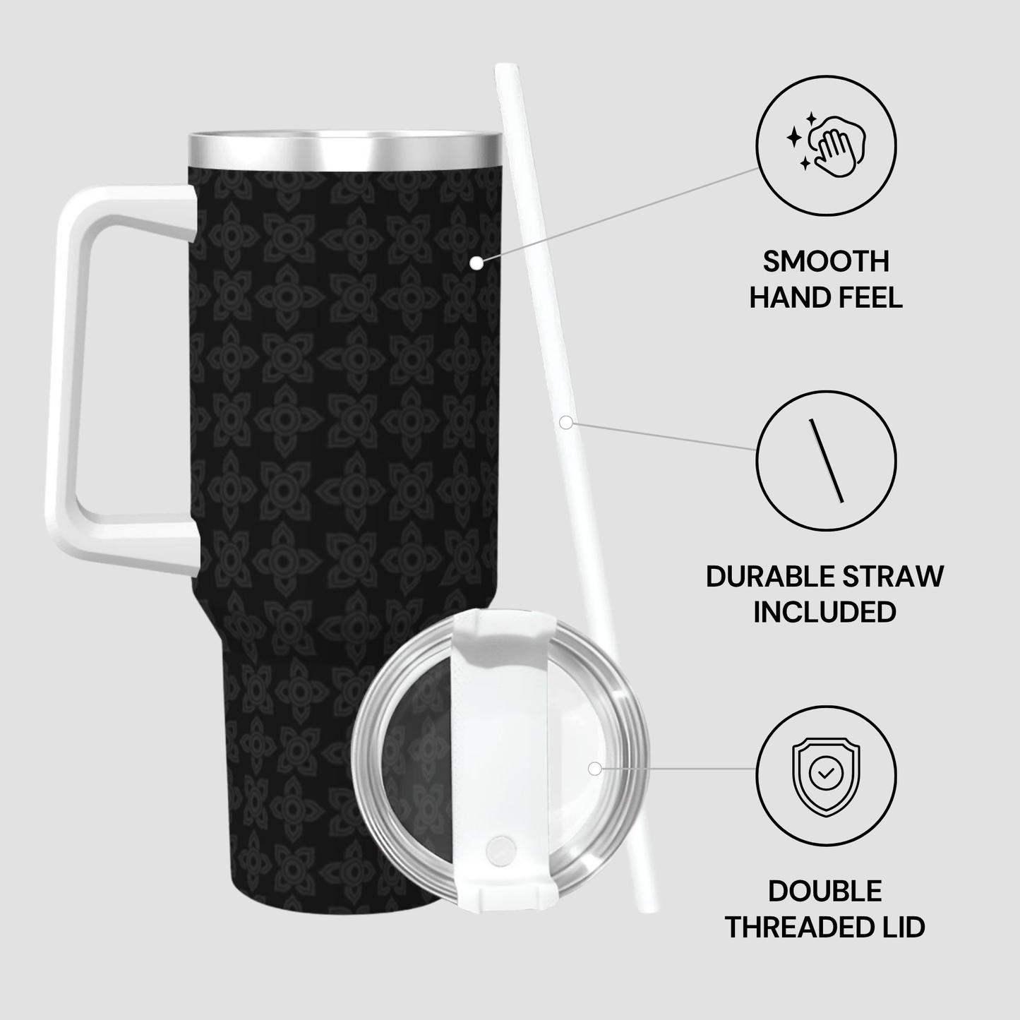 Black travel mug with features highlighted on a light gray background