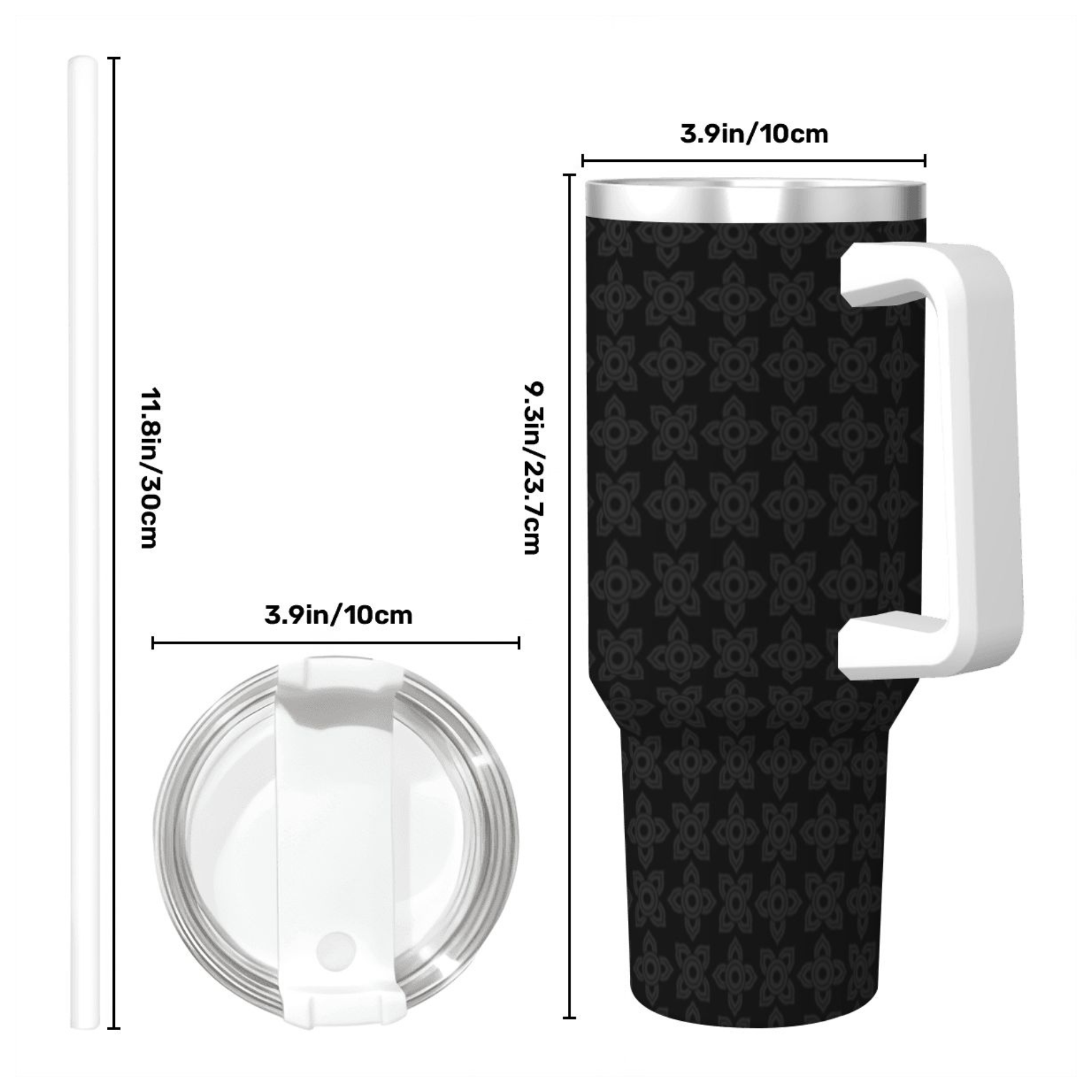 Black tumbler with handle and measurements on a white background