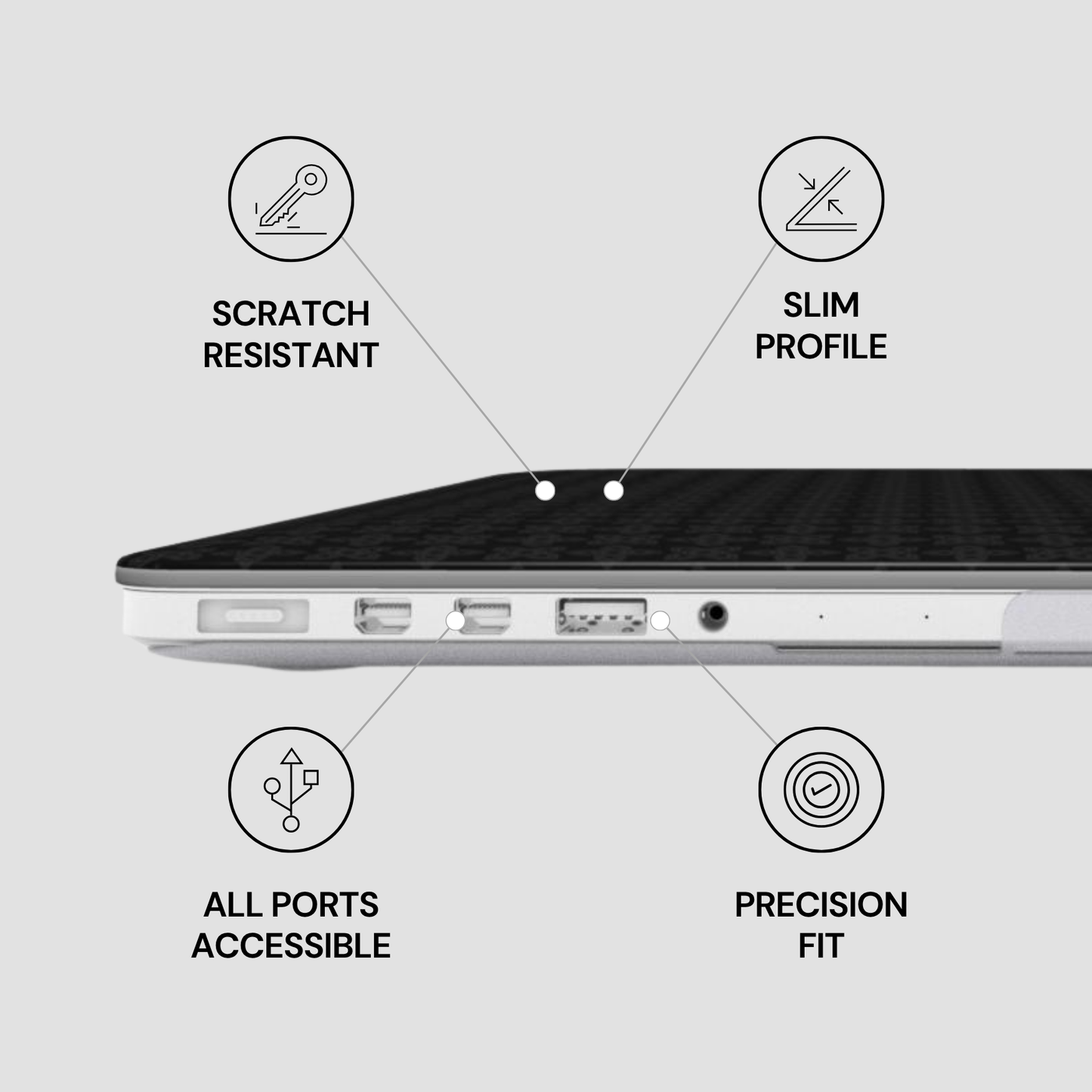 Laptop with features labeled as scratch resistant, slim profile, all ports accessible, and precision fit on a gray background.
