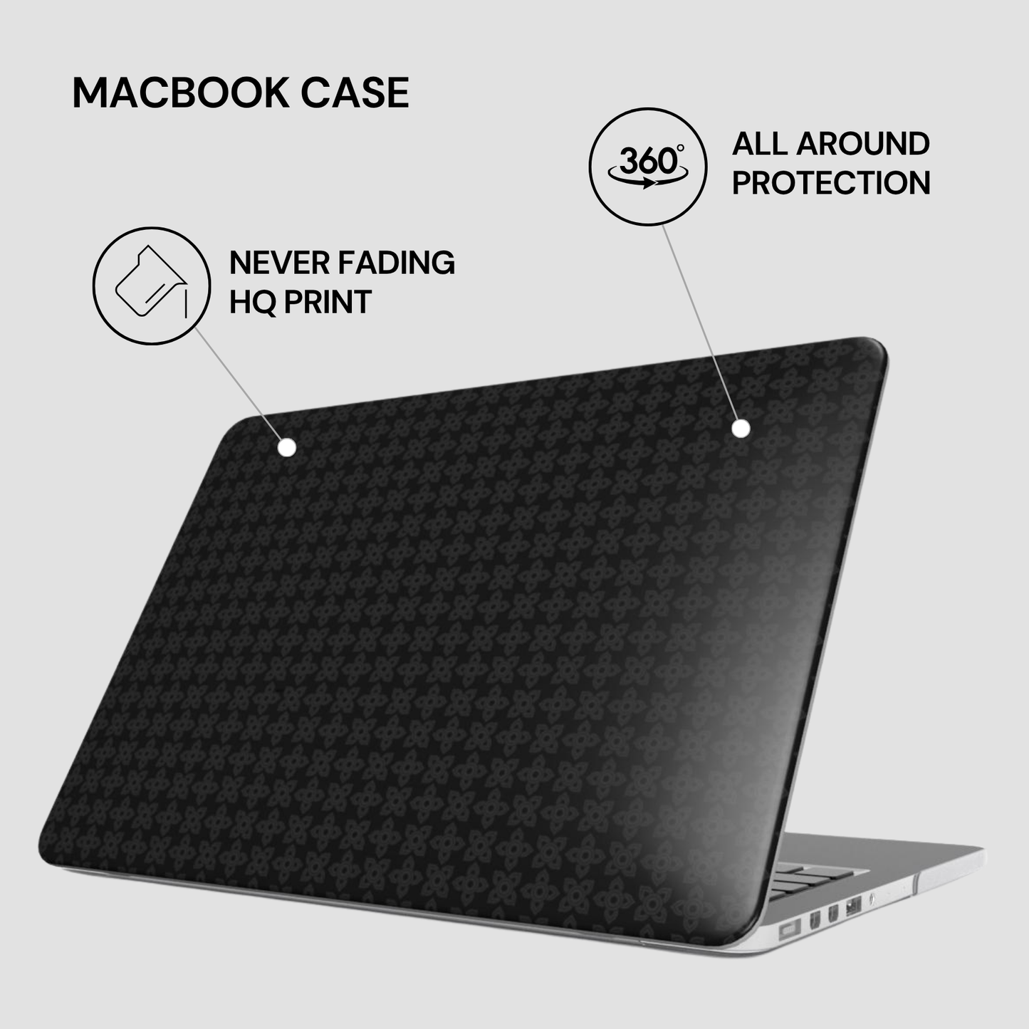 Black laptop case with geometric pattern on a light gray background, featuring text about its features.