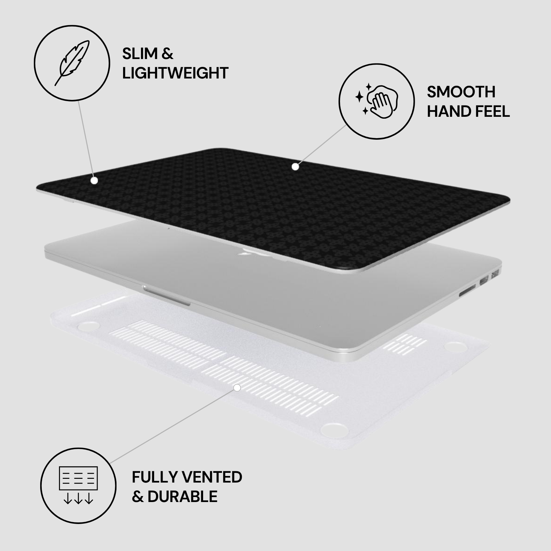 Laptop with features highlighted on a gray background
