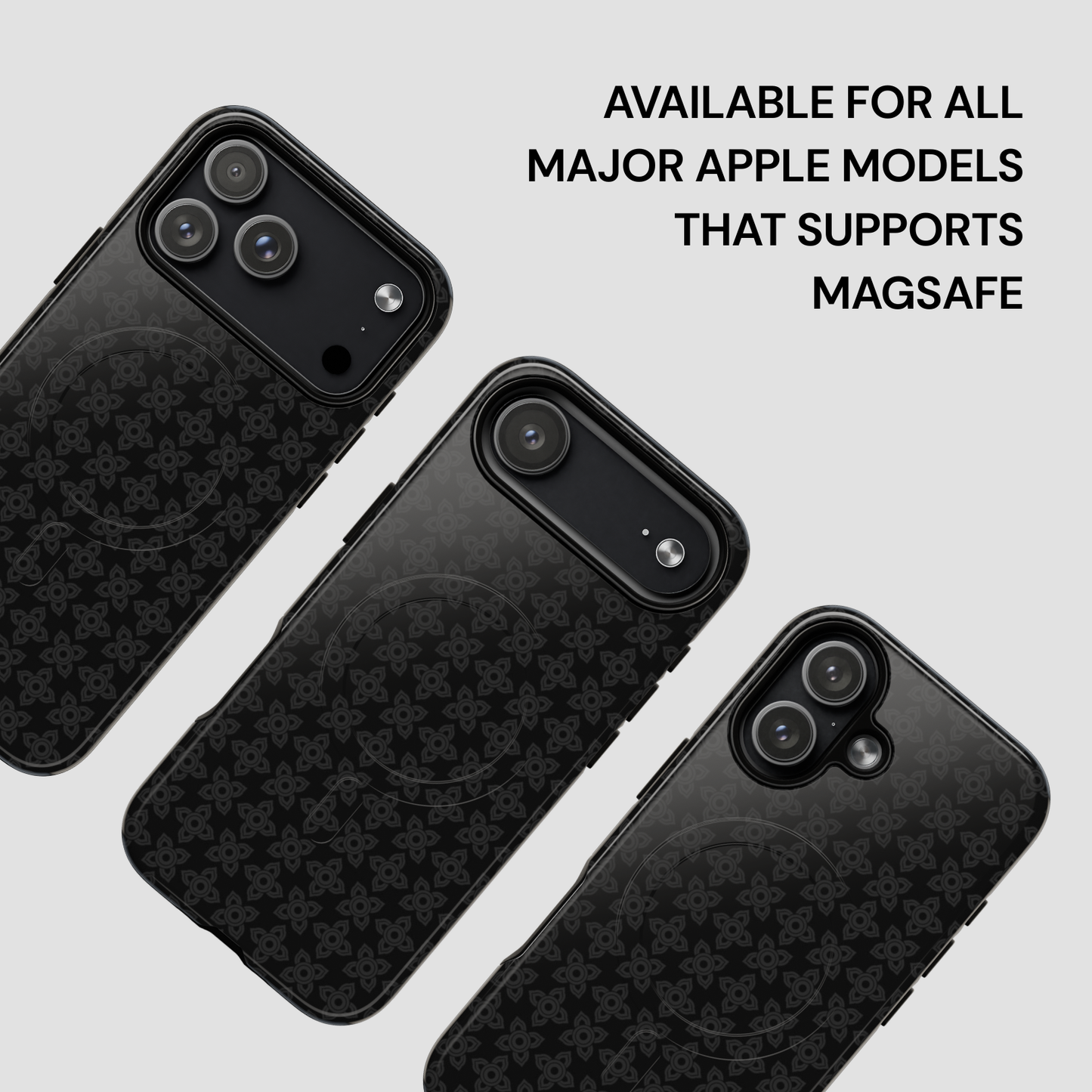 Black phone case with pattern on a light gray background, text indicating compatibility with MagSafe.